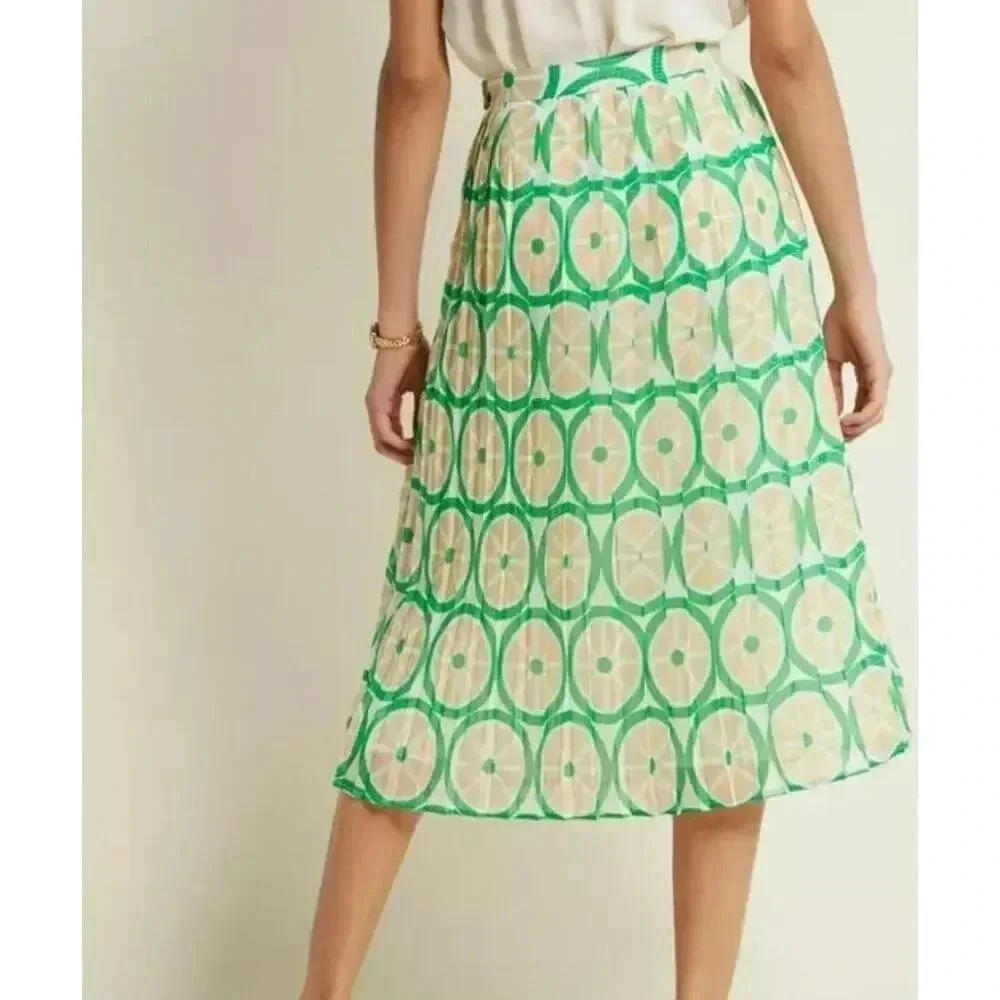 ModCloth Stroke of Genial Retro Pleated Midi Skirt size L Citrus Print Green - Picture 2 of 9